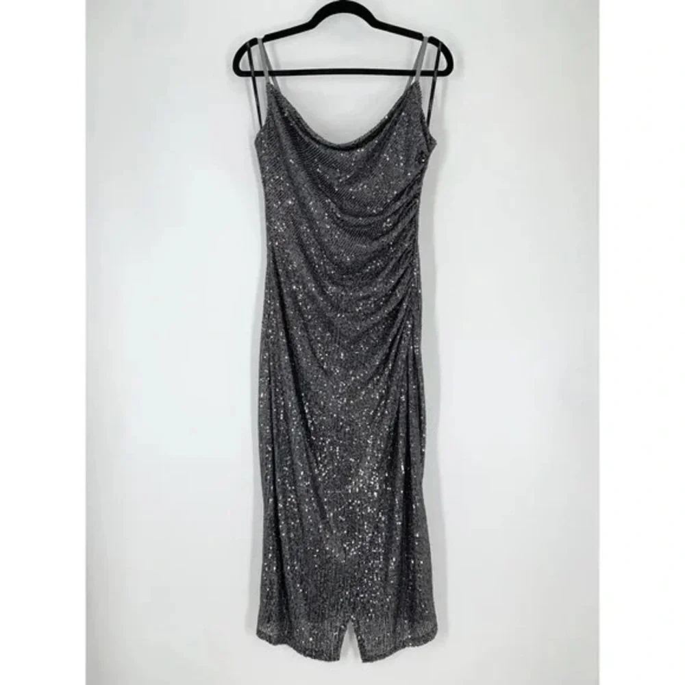 LAUNDRY by Shelli Segal Sequin Cowl Neck Slip Midi Dress in Gunmetal - Picture 4 of 12